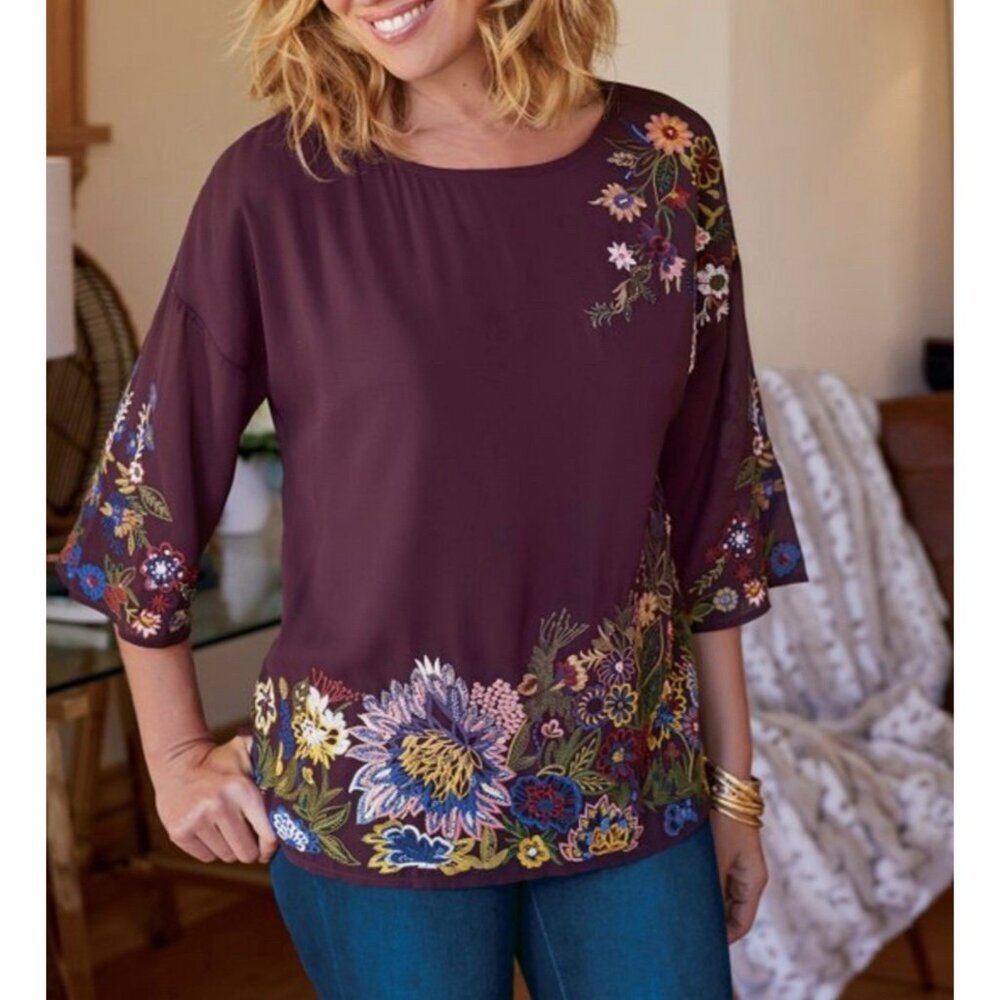 Soft surroundings Moonbeam Embroidered Beaded Burgundy Blouse Women's Sz M Boho